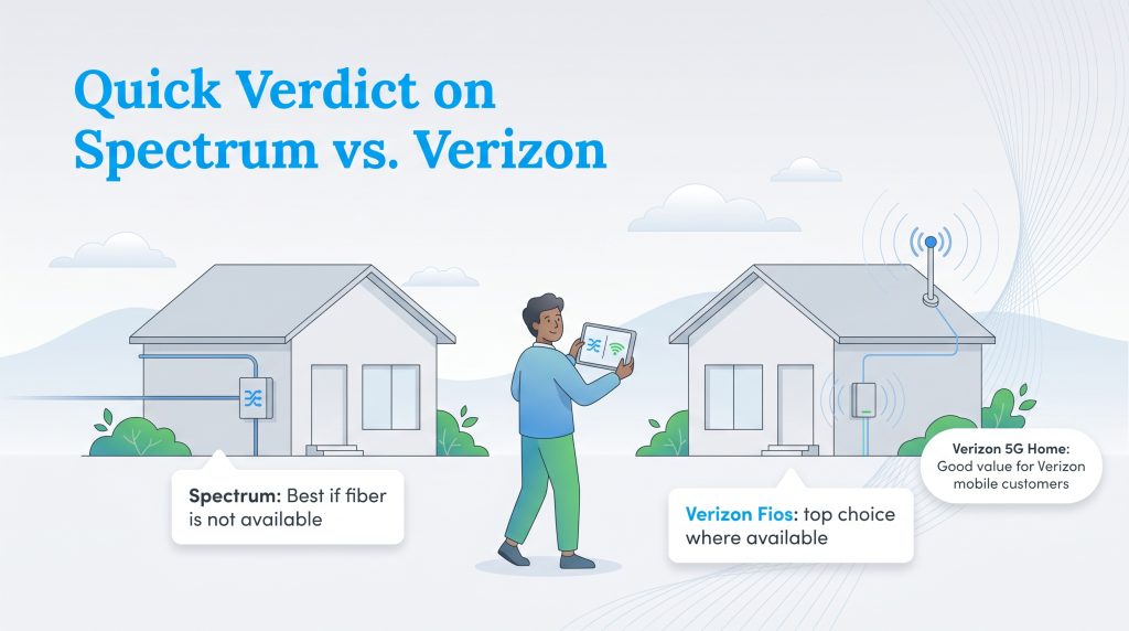 Infographic comparing Spectrum cable with Verizon Fios and 5G Home internet options.