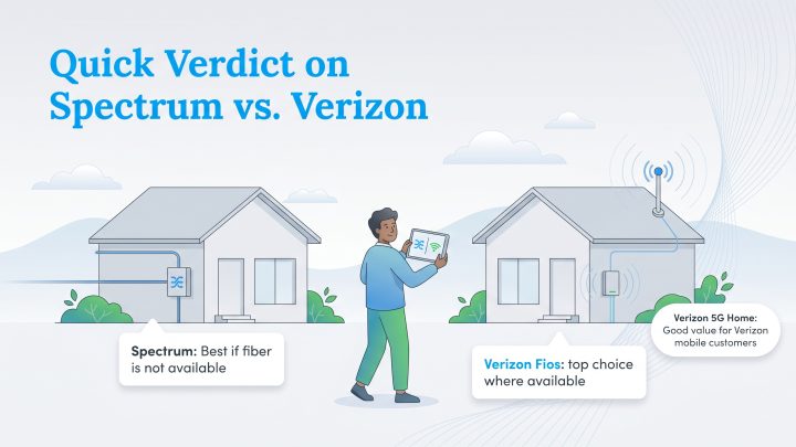 Infographic comparing Spectrum cable with Verizon Fios and 5G Home internet options.