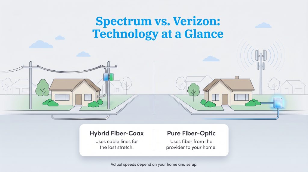 Diagram comparing Spectrum's hybrid fiber-coax network to Verizon's pure fiber-optic network connection to a home.