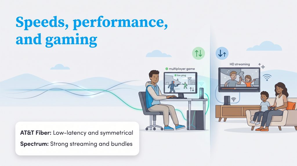 Illustration comparing AT&T Fiber's low-latency gaming to Spectrum's strong HD streaming capabilities.