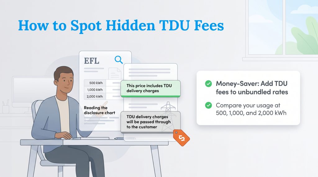 Infographic showing how to find hidden TDU fees by reading the Electricity Facts Label.