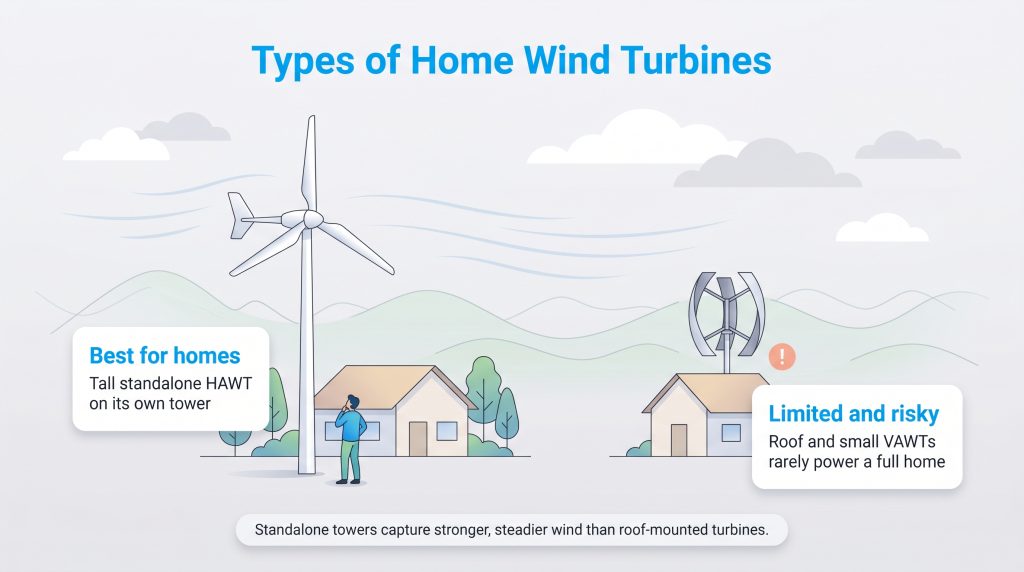 Illustration showing a standalone turbine is best for homes, while a roof-mounted one is limited and risky.