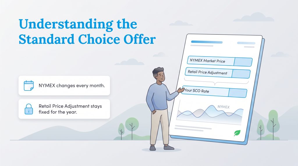Illustration of how NYMEX Market Price and Retail Price Adjustment determine the Standard Choice Offer rate.