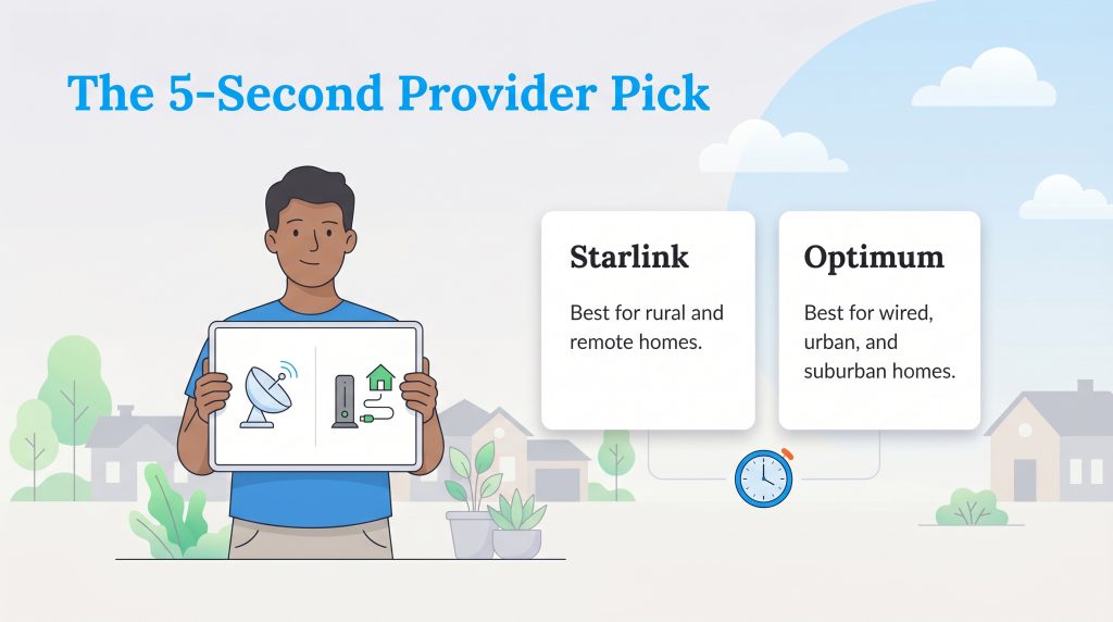 Infographic comparing Starlink for rural/remote homes and Optimum for wired/urban/suburban homes.