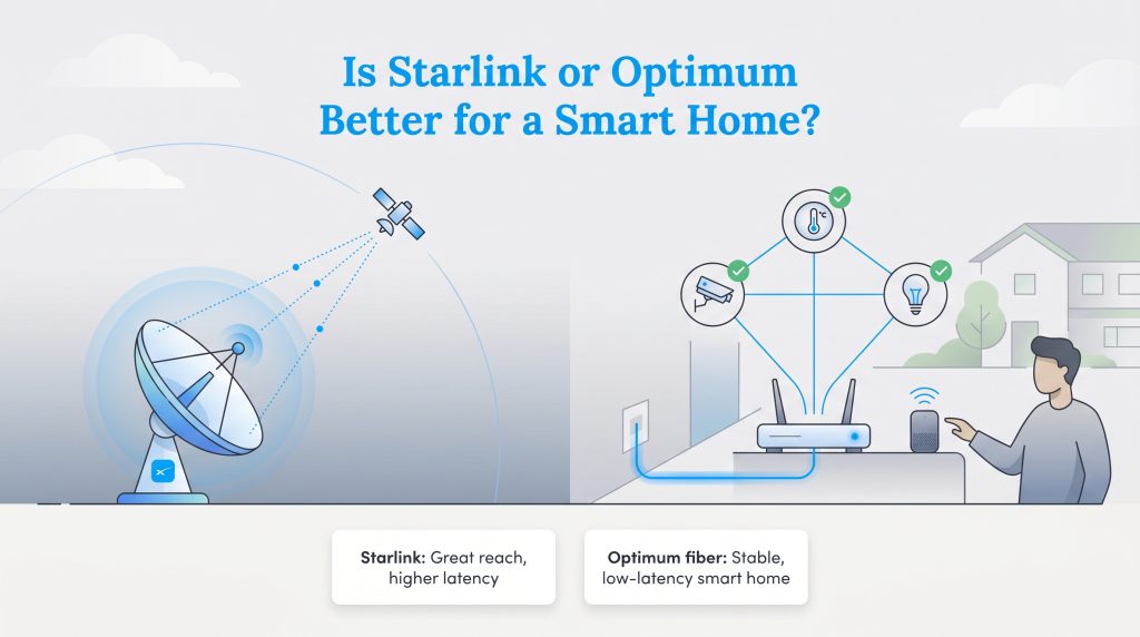 Graphic showing Optimum fiber is stabler and lower latency for smart homes compared to Starlink.