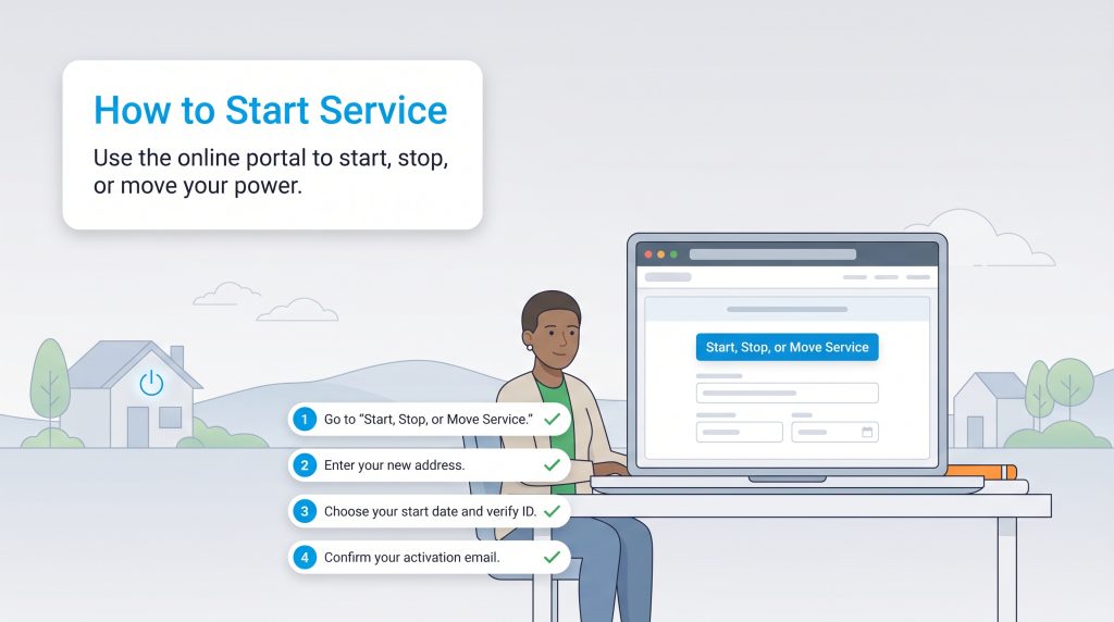 A person on a laptop completing a four-step online process to start power service.