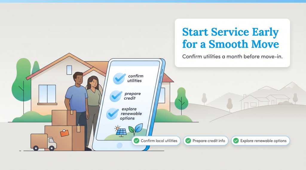 A couple stands with moving boxes in front of a house, next to a large smartphone showing a utility checklist.