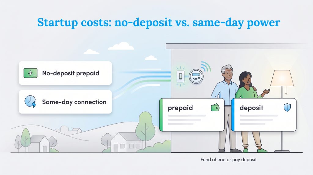 A couple considers prepaid versus deposit options for electricity service with same-day connection.
