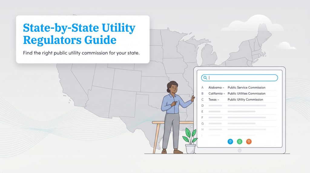 Illustration of a woman pointing to a tablet showing a directory of state public utility commissions.