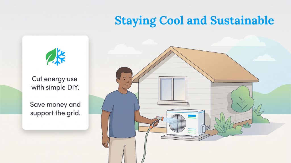A man uses a garden hose to clean the outdoor unit of a home air conditioning system.