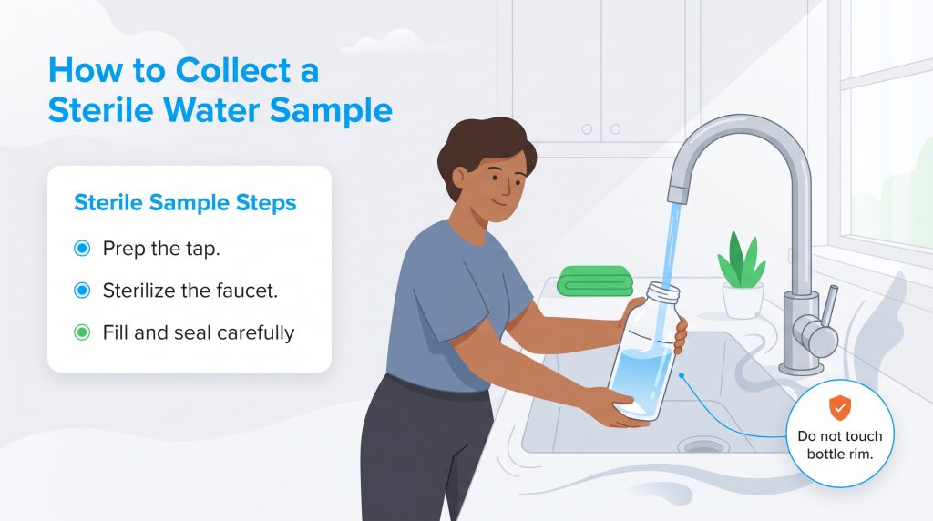 A person in a kitchen fills a sterile bottle with tap water while following a list of steps.