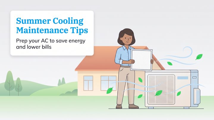 An illustration of a person holding an air filter next to an outdoor AC unit and a house.