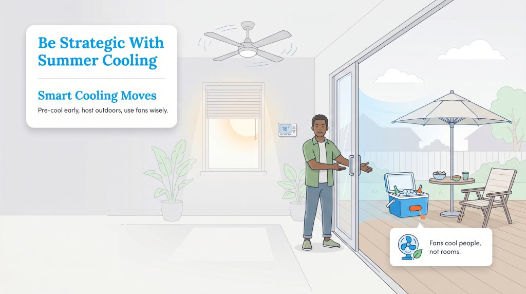 An illustration showing a man and strategic summer cooling tips like using fans and hosting outdoors.