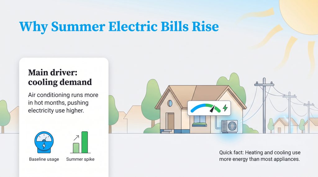 Infographic explaining that high cooling demand during hot summer months drives up electric bills.