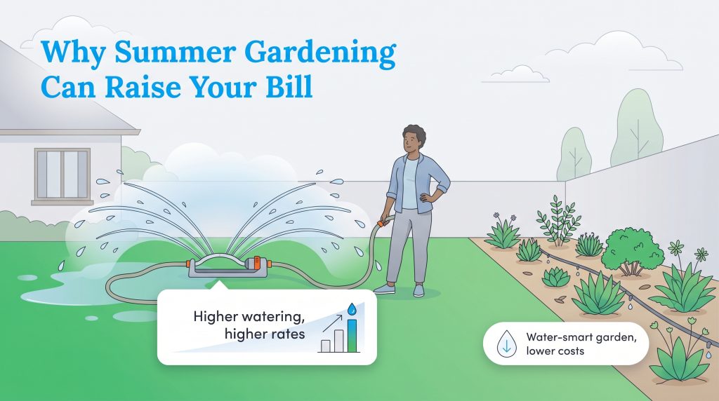 Infographic comparing high-cost sprinkler watering versus low-cost drip irrigation gardening.