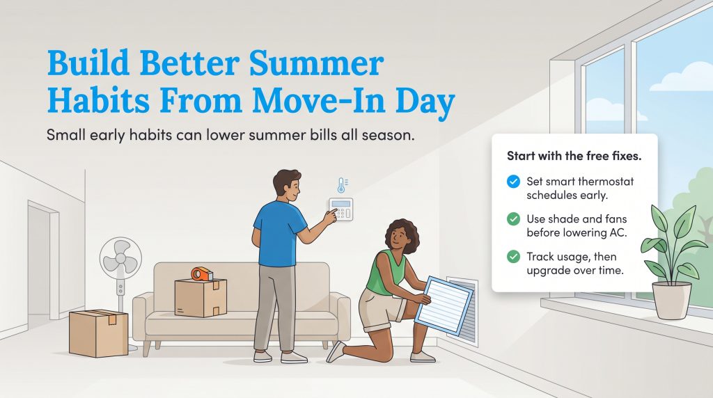 Two people in a new home setting a thermostat and changing an air filter, with tips to lower summer bills.