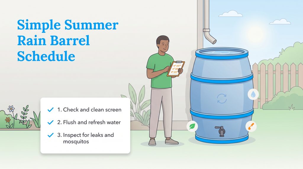 A man holds a checklist next to a rain barrel, with a list of three summer maintenance tasks.
