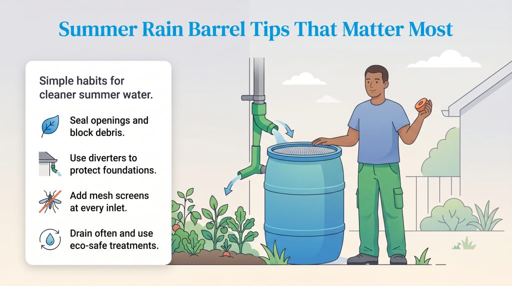 Infographic showing summer rain barrel tips: seal openings, use diverters, add mesh screens, and drain often.