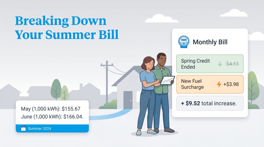 Infographic illustrating factors contributing to a $9.52 increase in summer utility bills.
