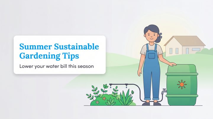 A gardener uses a rain barrel and drip irrigation to save water, titled Summer Sustainable Gardening Tips.