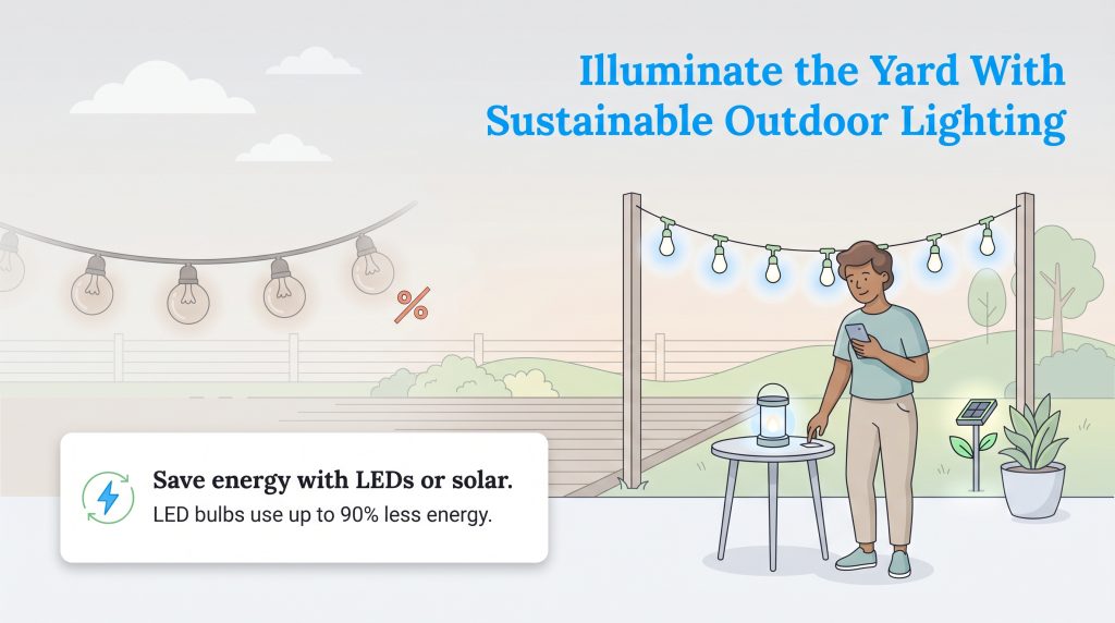 Infographic illustrating a person using energy-efficient LED and solar lights in a backyard.