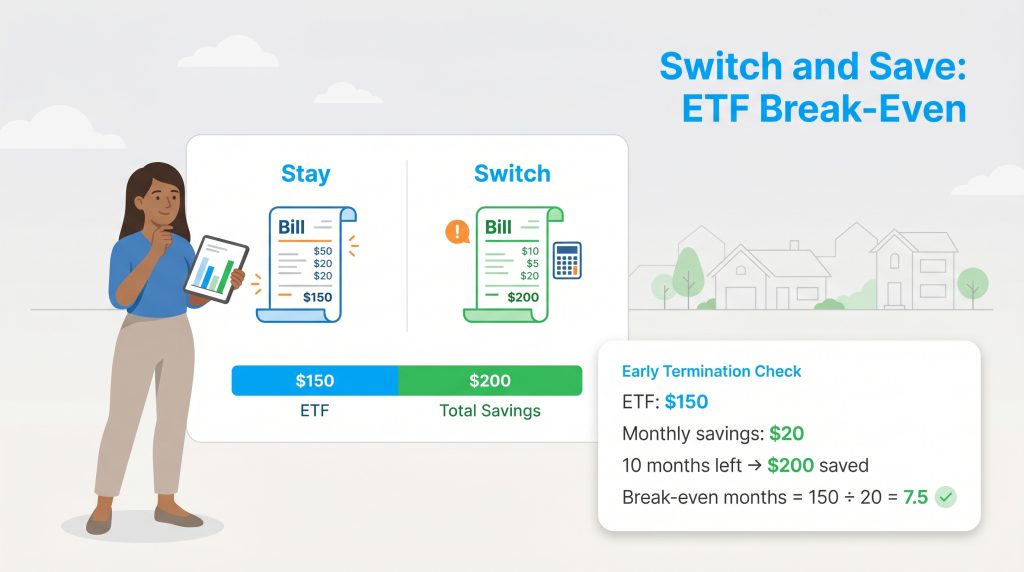 Infographic comparing a $150 energy early termination fee to $200 in savings from switching providers.