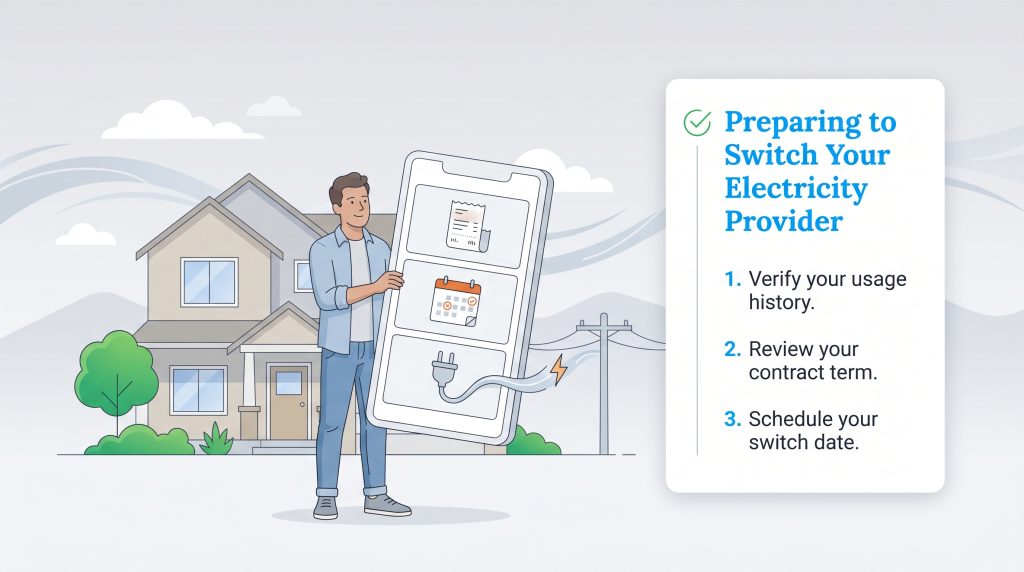 Man with smartphone showing steps to prepare to switch electricity providers, with list on the right.