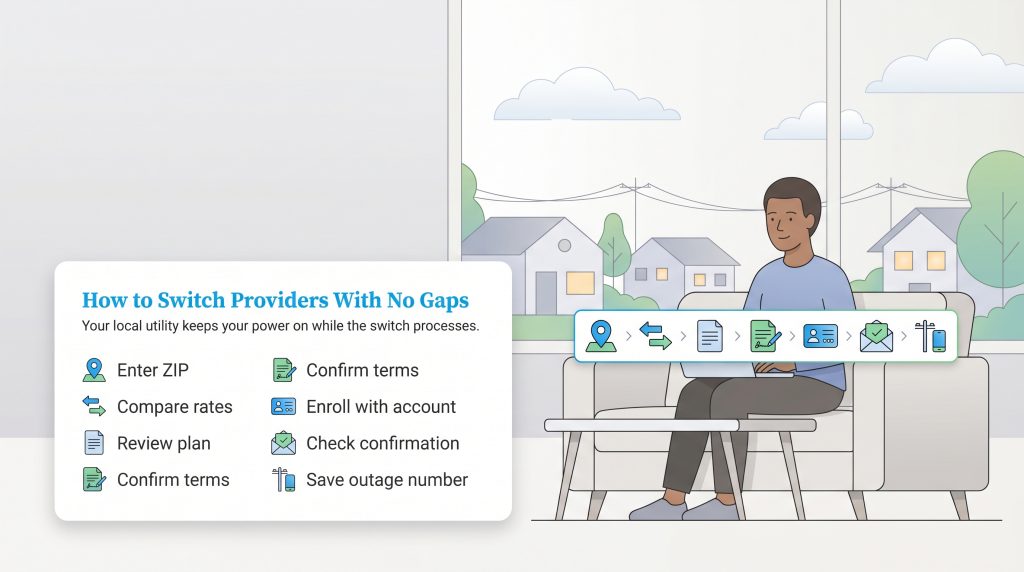 Illustration of the seamless process of switching energy providers without service interruption.