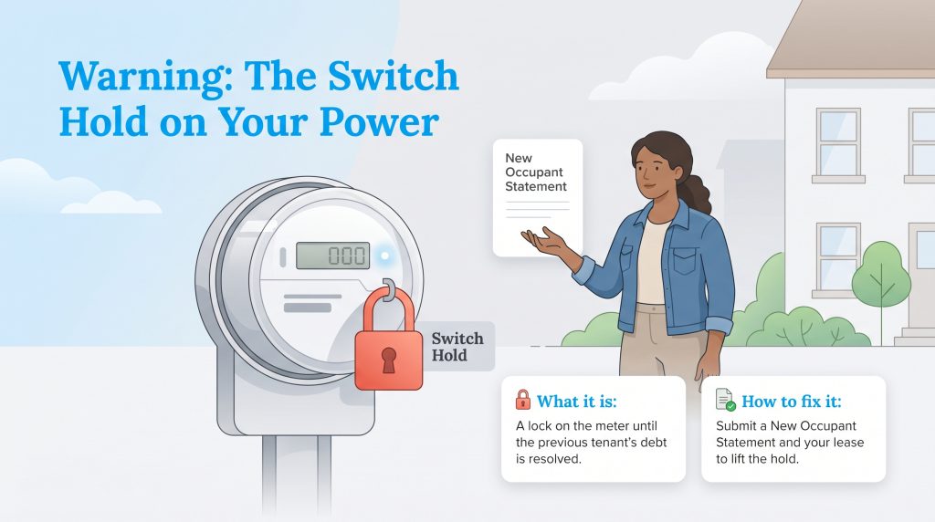Infographic explaining a Switch Hold on a power meter and how a new occupant can remove it.