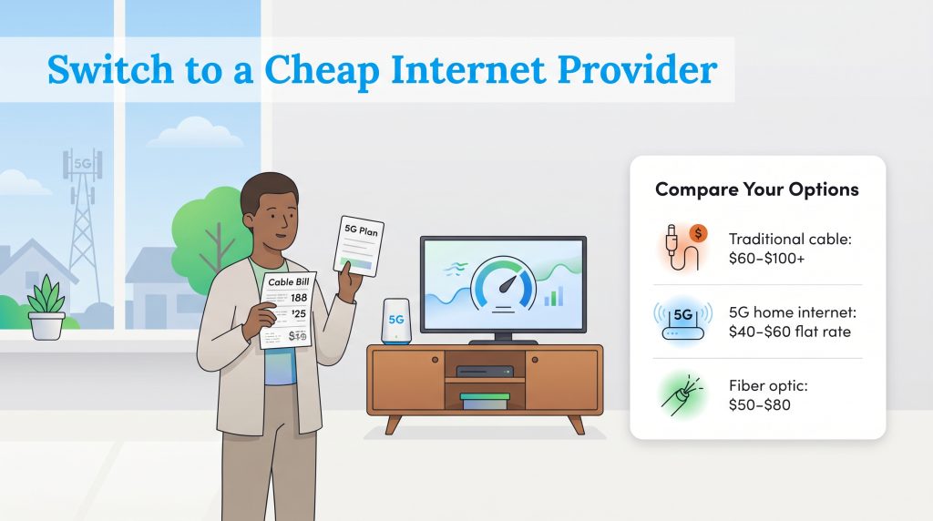 Man compares cable bill and 5G plan next to a chart comparing cable, 5G, and fiber optic prices.