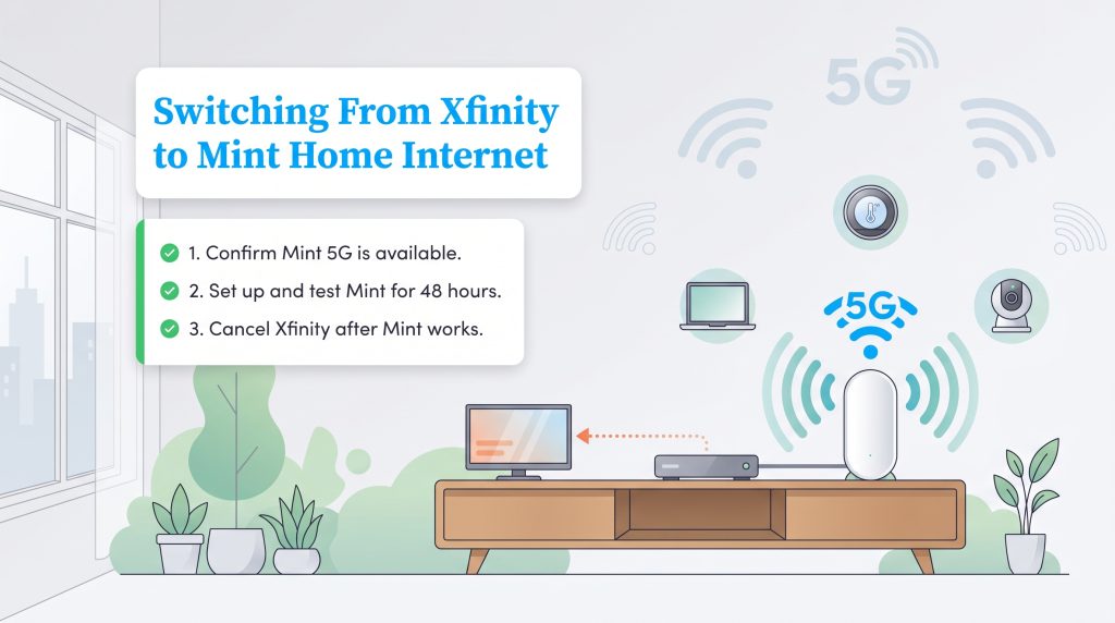 Illustration showing the three steps to switch from Xfinity to Mint Home Internet and a home setup.