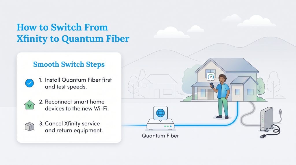 Infographic showing three steps to smoothly switch from Xfinity to Quantum Fiber internet.