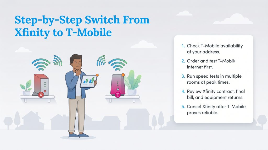 Infographic showing a man, Xfinity and T-Mobile modems, and a five-step checklist for switching internet providers.