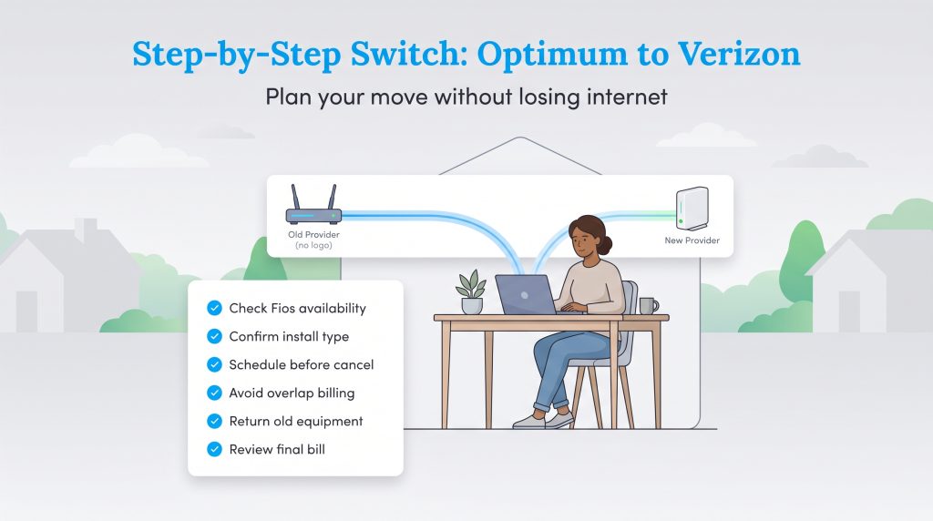Illustration of a woman on a laptop with a checklist of six steps for switching internet providers.
