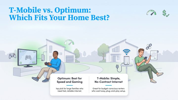 Infographic comparison: Optimum for speed and gaming; T-Mobile for simple, no-contract internet.