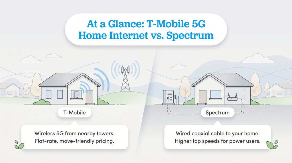 Infographic comparing T-Mobile's wireless 5G home internet from towers to Spectrum's wired coaxial cable connection.