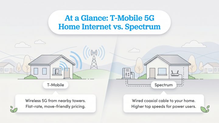 Infographic comparing T-Mobile's wireless 5G home internet from towers to Spectrum's wired coaxial cable connection.