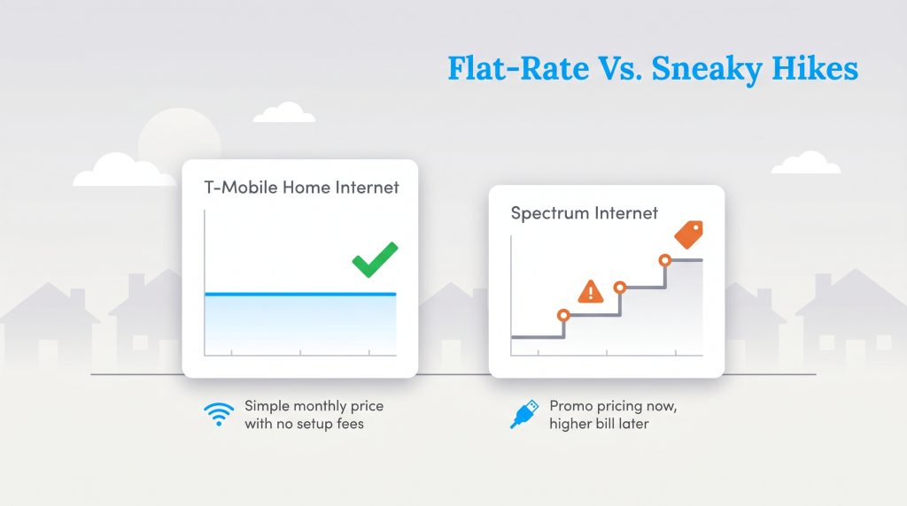 Infographic comparing T-Mobile's flat-rate pricing with Spectrum's increasing promotional pricing.