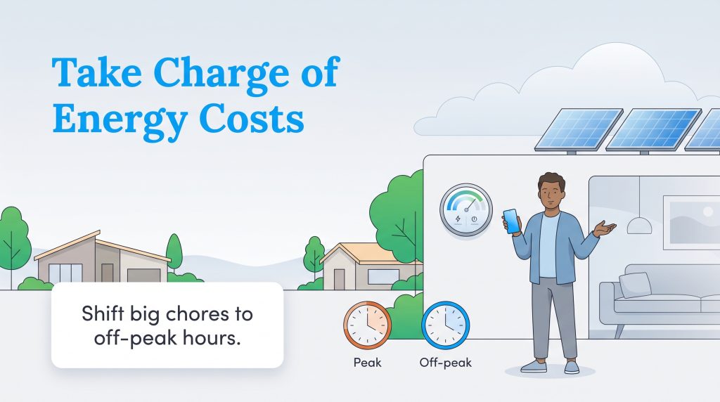 Man with solar panels and phone, clocks showing peak vs off-peak hours for shifting chores.