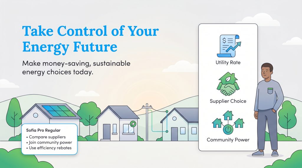 Illustration with text about making money-saving, sustainable energy choices, featuring a person and houses.