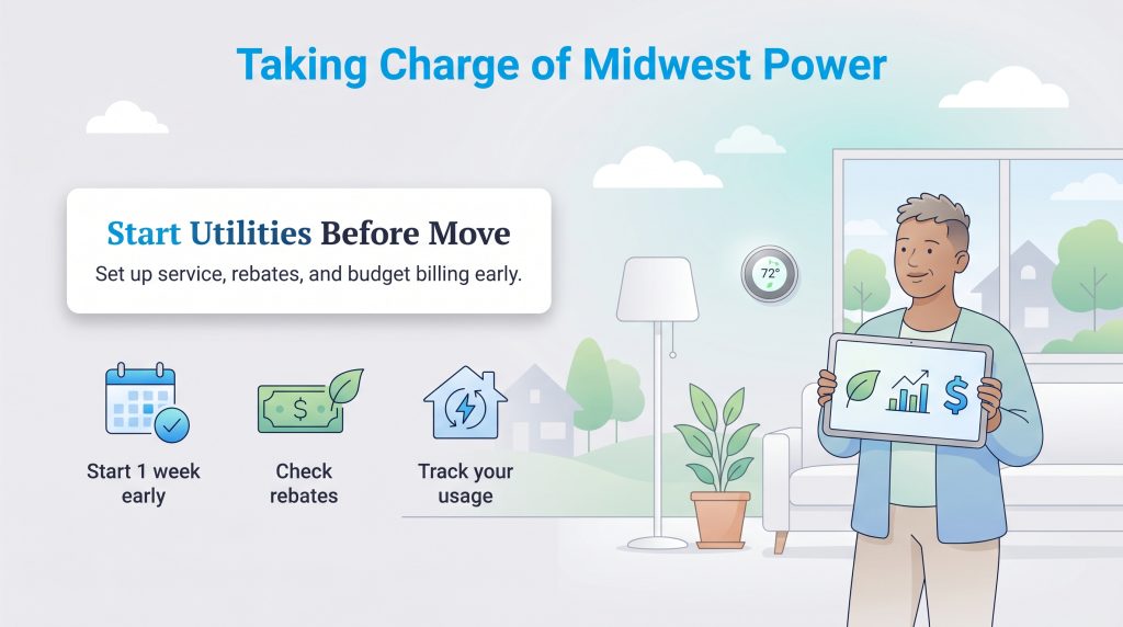 Infographic on managing Midwest power: start utilities early, check rebates, and track usage.
