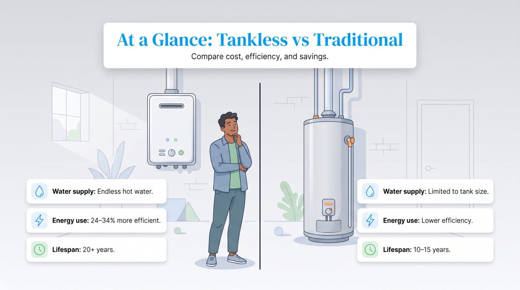 Infographic comparing tankless versus traditional water heaters on water supply, energy use, and lifespan.