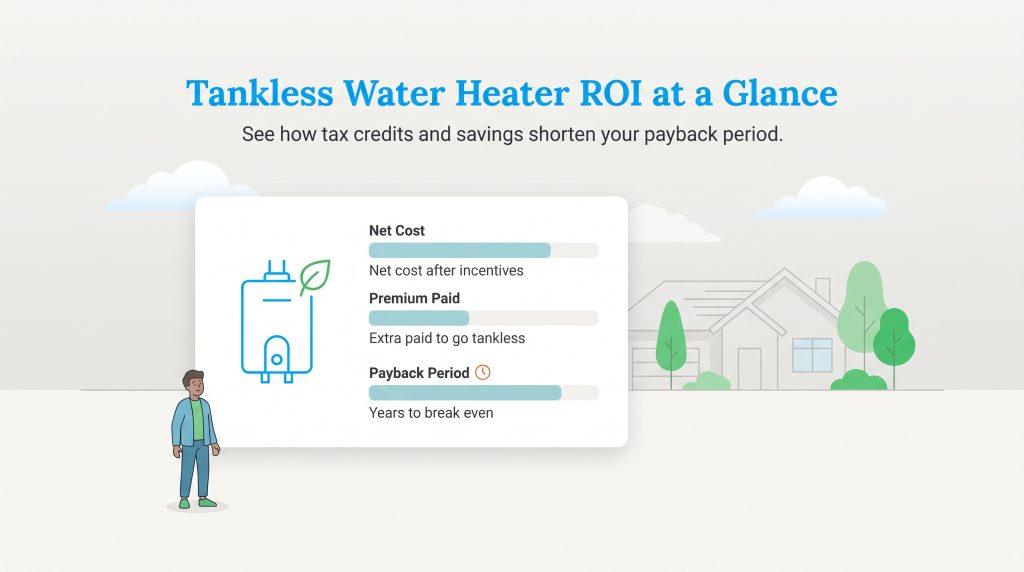 Infographic titled Tankless Water Heater ROI at a Glance, showing Net Cost, Premium Paid, and Payback Period with progress bars.