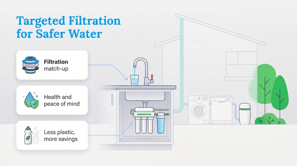 Infographic showing home water filtration benefits: safer water, health, and less plastic use.
