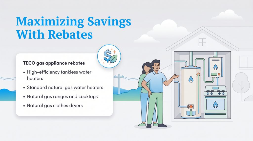 Infographic listing TECO rebates for gas water heaters, ranges, cooktops, and clothes dryers.