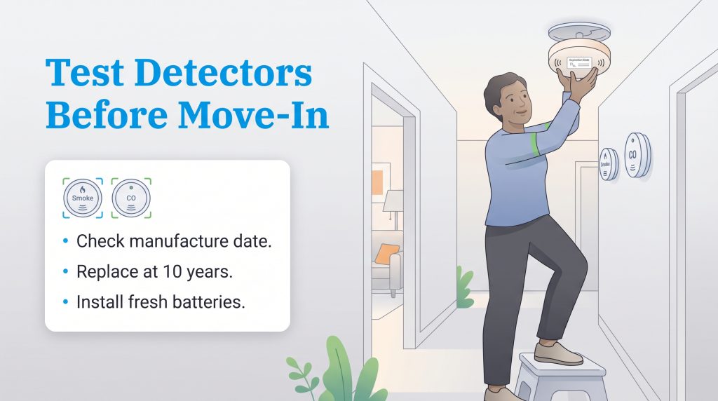 Person on a stool checks a ceiling detector. A graphic lists steps: check date, replace at 10 years, install fresh batteries.