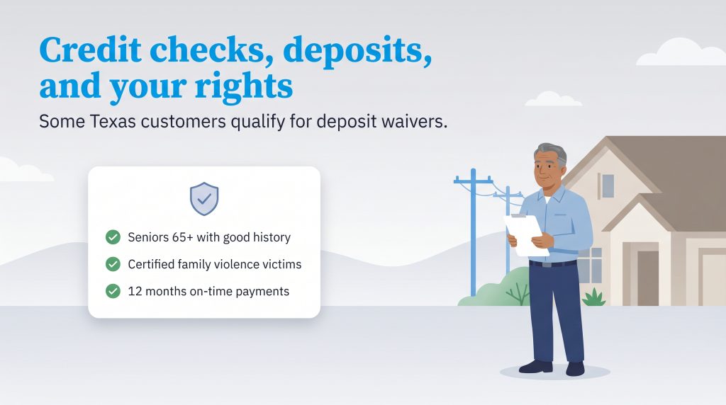 Man by a house and a checklist of three criteria for Texas electricity deposit waivers.