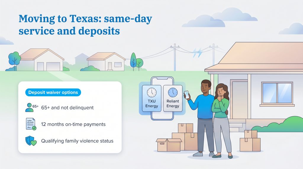 Infographic showing Texas electricity deposit waiver options and a comparison of TXU and Reliant Energy.