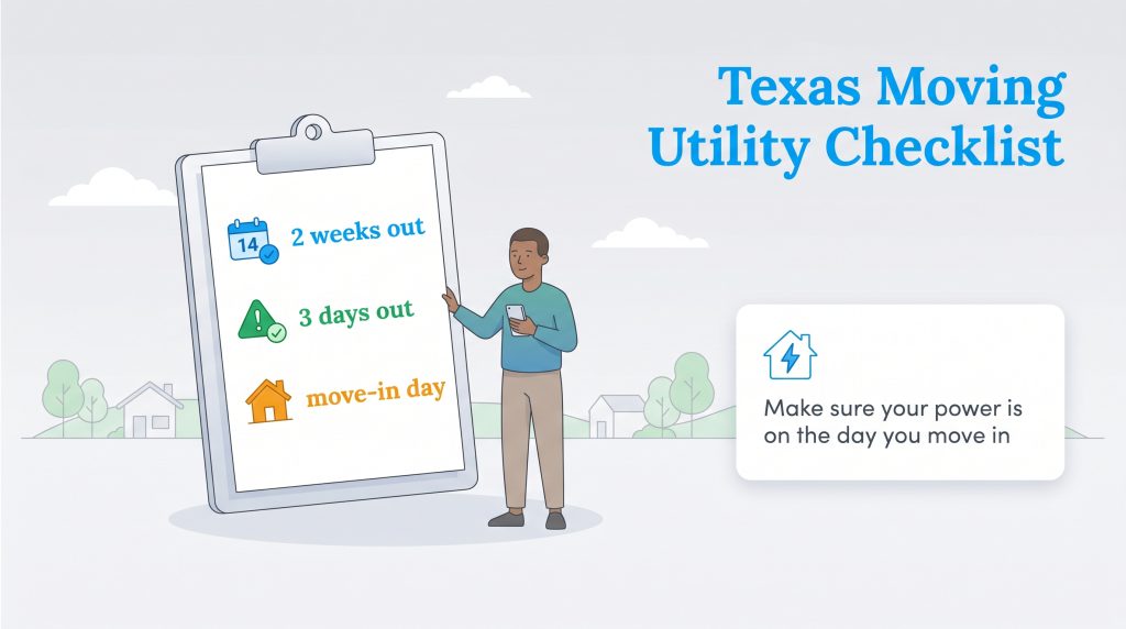 Texas utility checklist graphic showing tasks at 2 weeks, 3 days, and move-in day to ensure power is on.