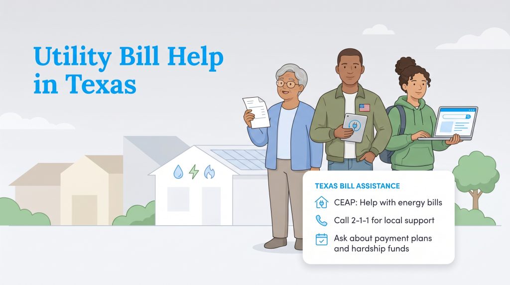 Illustration of three people in Texas seeking utility bill help, with a callout box listing CEAP, 2-1-1, and payment plans as resources.